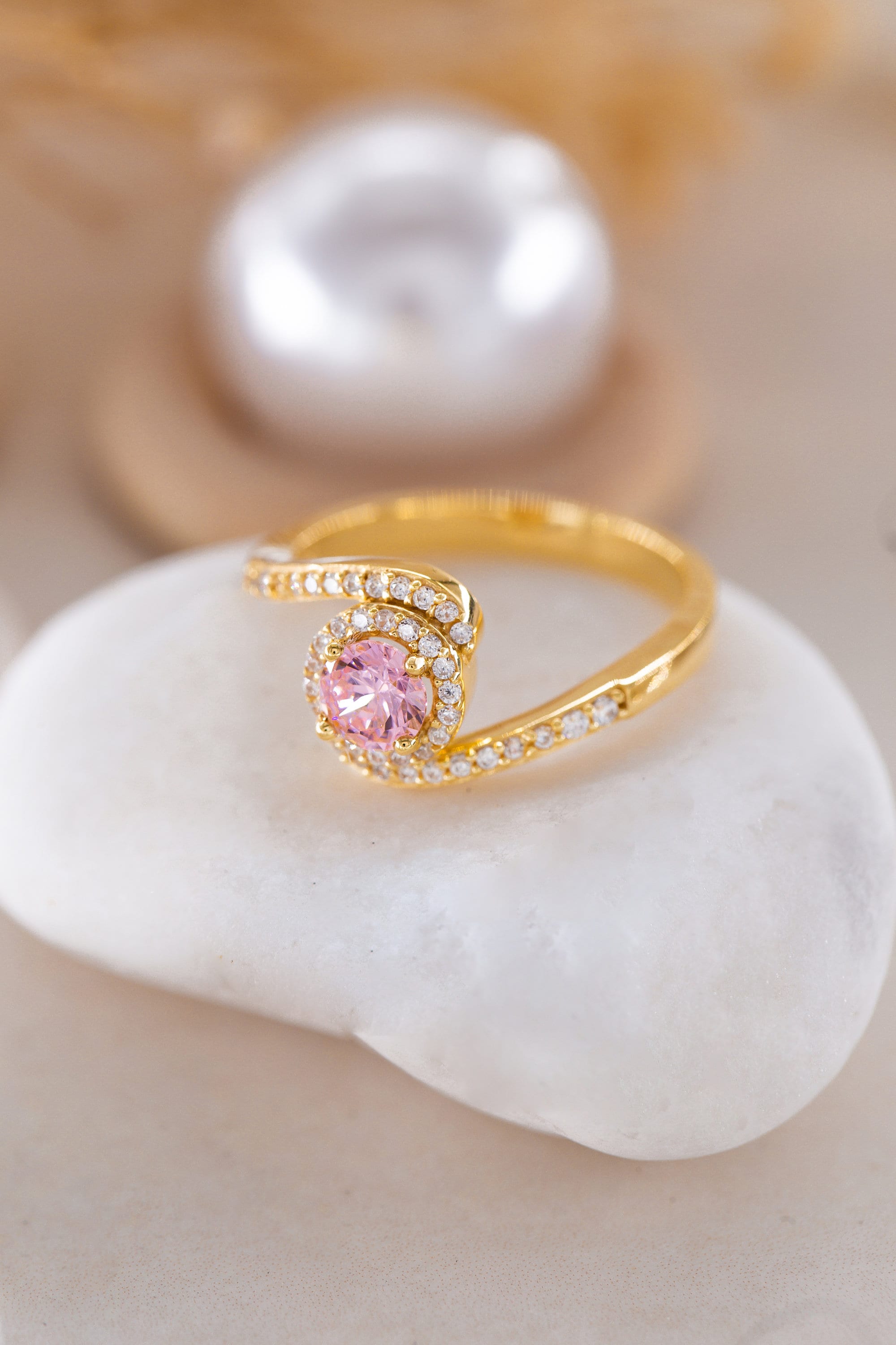 14K Golden Round Pink Ring, 925 Silver Unique Diamond Handmade Ring, Pink Cubic Zircon, Birthdays Gift For Women, Twist Engagement Ring