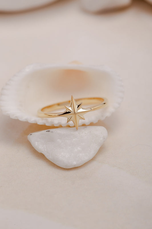 925 North Star Shaped White Gold Ring, Stackable Starburst Ring, Handmade Ring, Gift For Mother Day, Mother Day Jewelry, Gift for Her