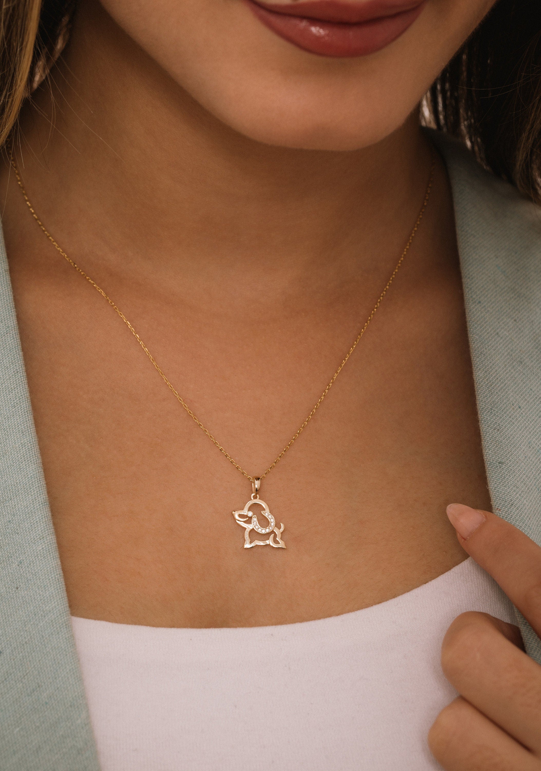 Adorable 14K Gold Puppy Dog Charm Necklace, Animal Lovers Jewelry, Tiny Dog Pendant Necklace, 925 Silver Pet Necklace, Cute Pet Gift