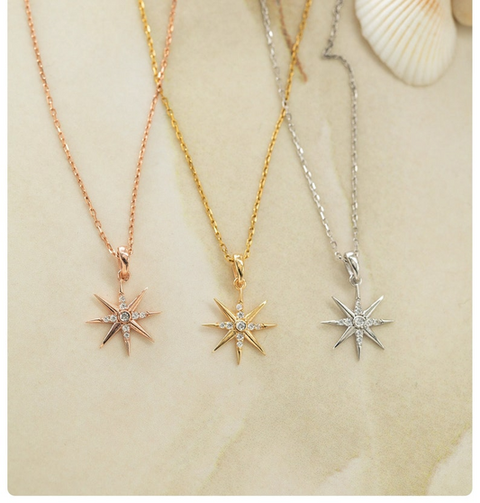 925 Silver Starburst Charm for Necklace, North Star Pendant, Crystal Star Necklace