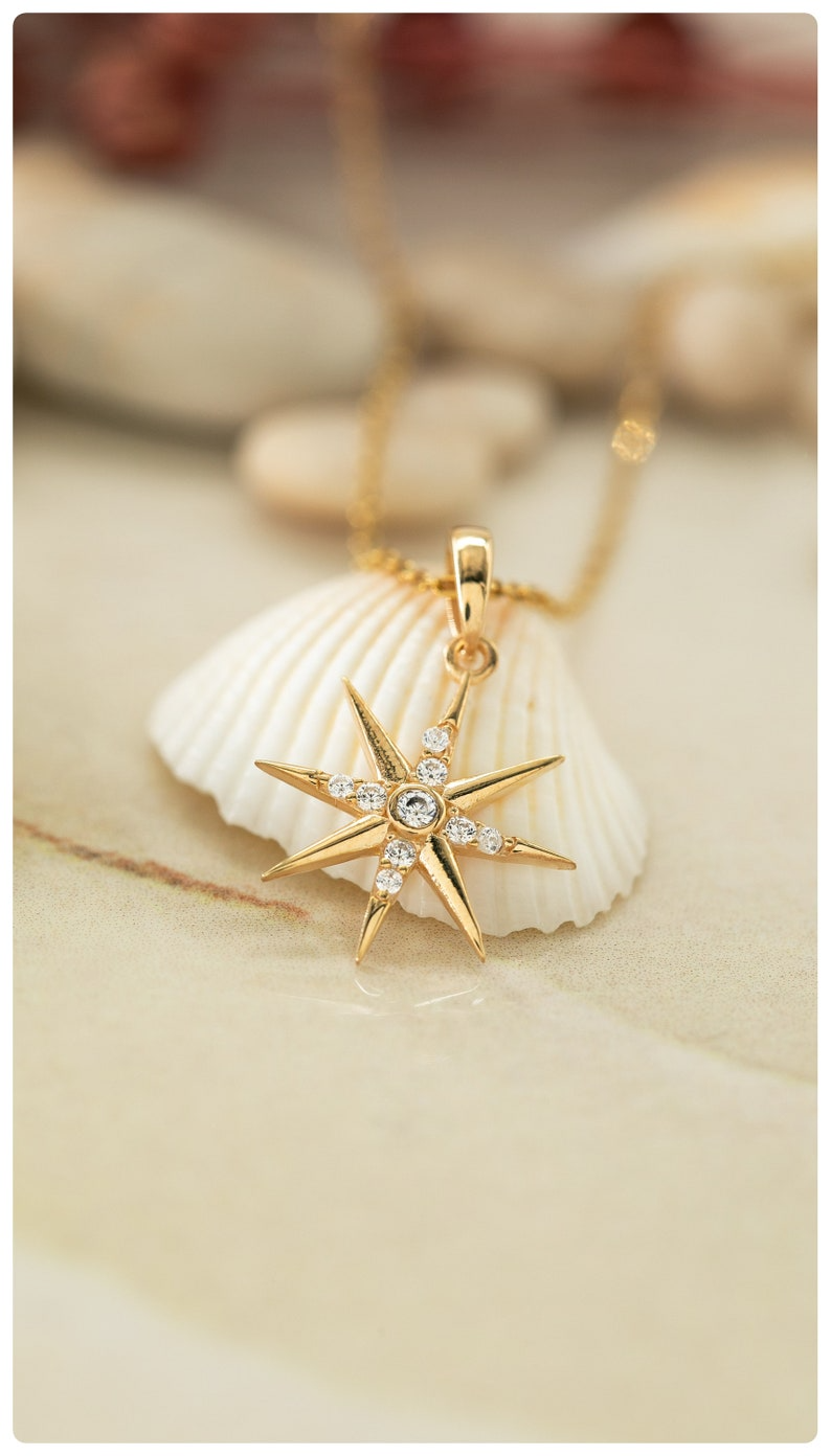925 Silver Starburst Charm for Necklace, North Star Pendant, Crystal Star Necklace