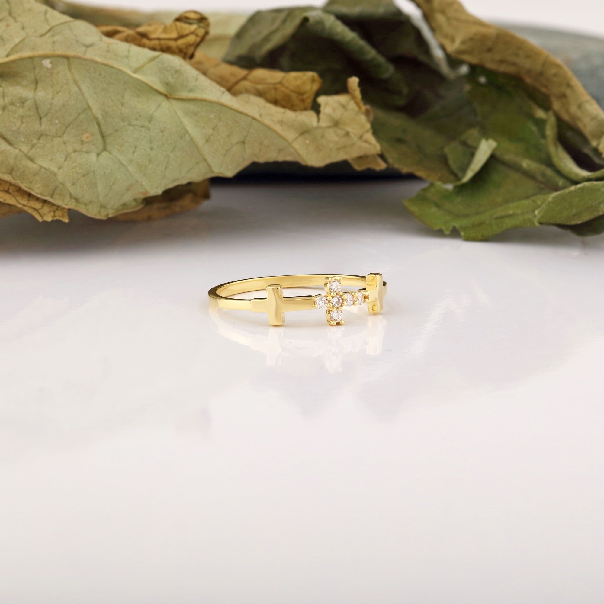Gold Diamond Cross Ring, Dainty Cross Ring Gift, Zircon Multi Stone Cross Ring