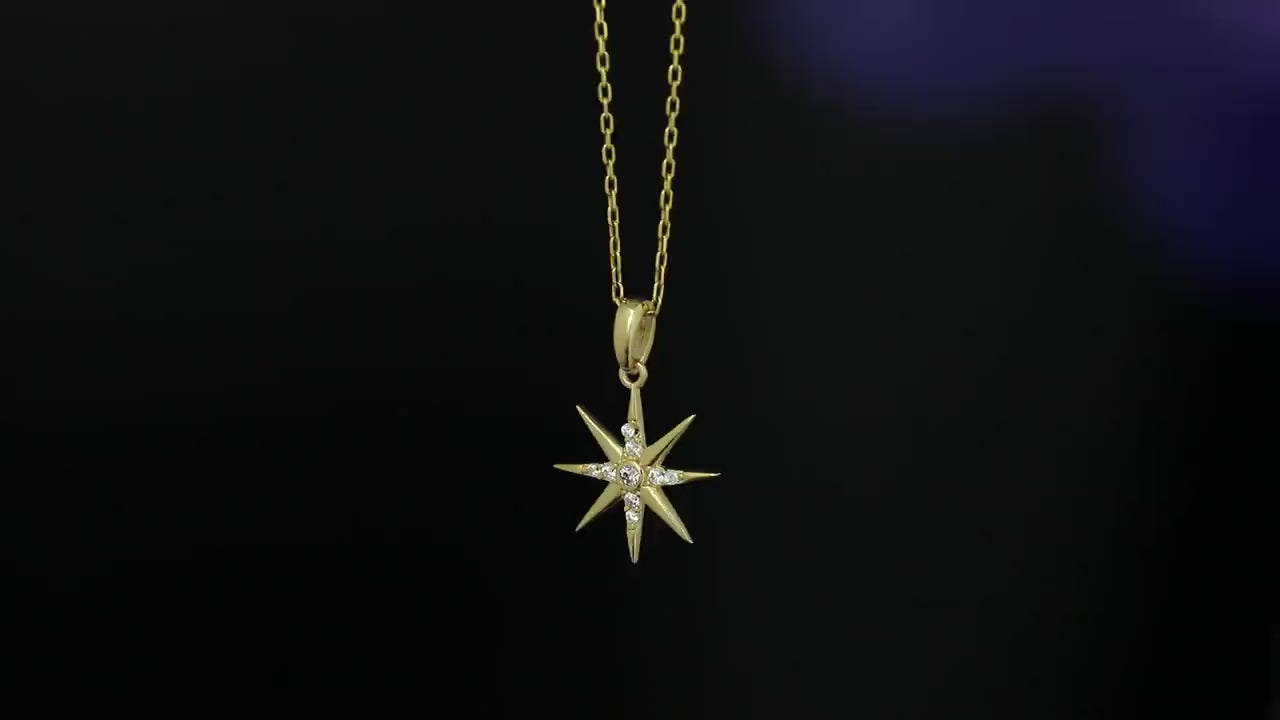 14k Gold North Star Necklace, With Diamond Star Necklace,  Starburst North Star Pendant, Celestial North Star, 925 Silver Star Necklace