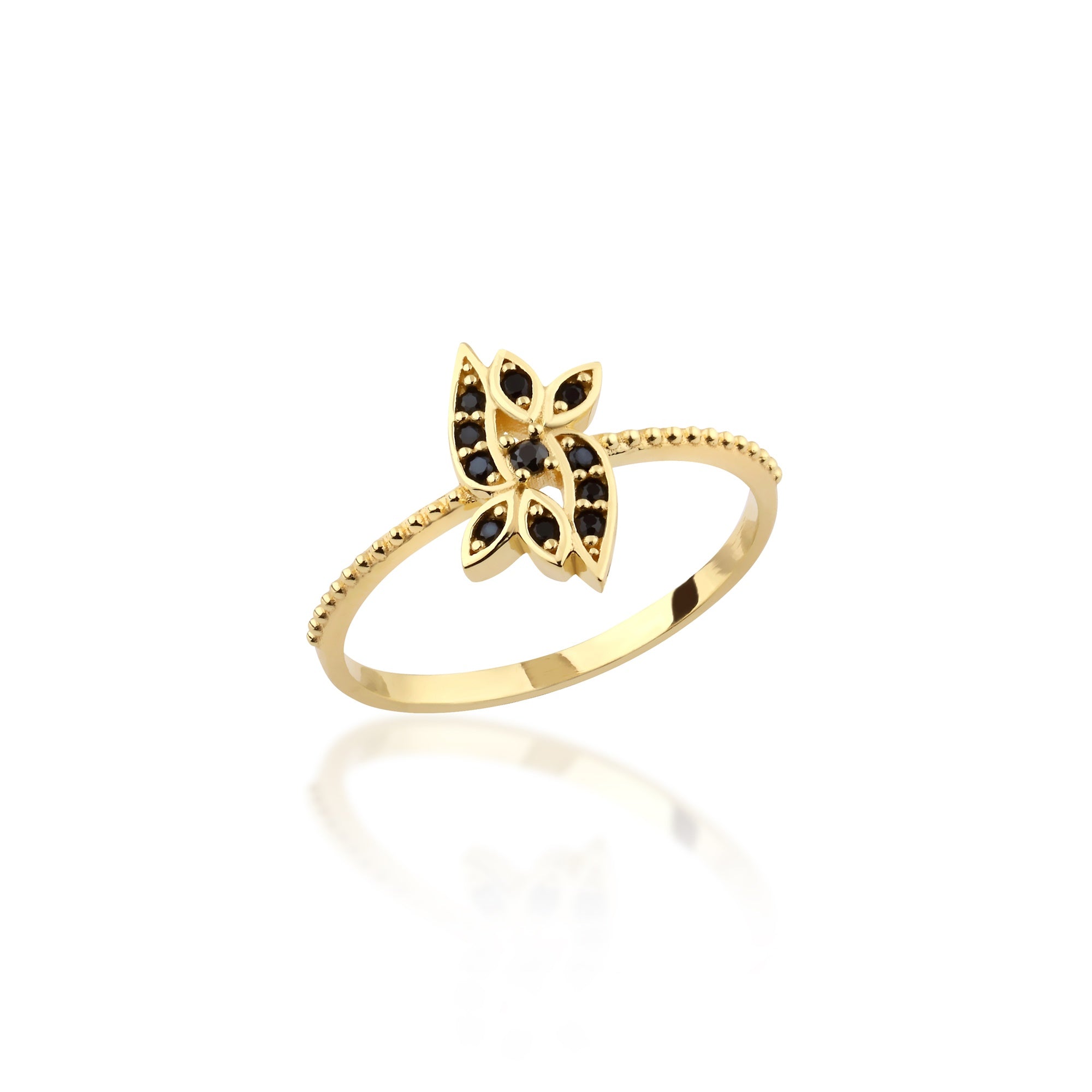 Gold Black Stone Floral Ring - Exquisite Leaf Ring