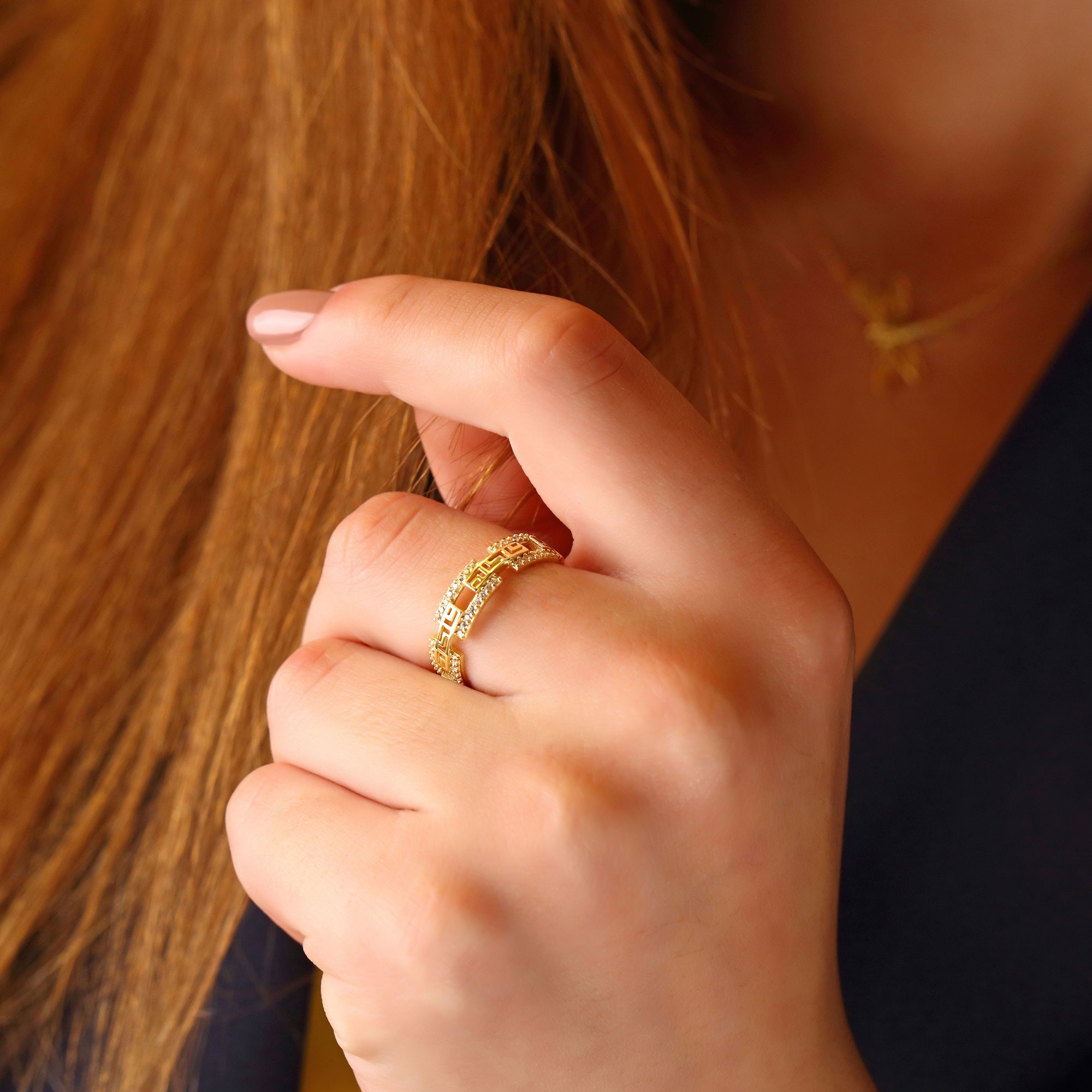 Ancient Greek Key Ring with Diamonds, Minimalist Women Ring with White Zircon Gems