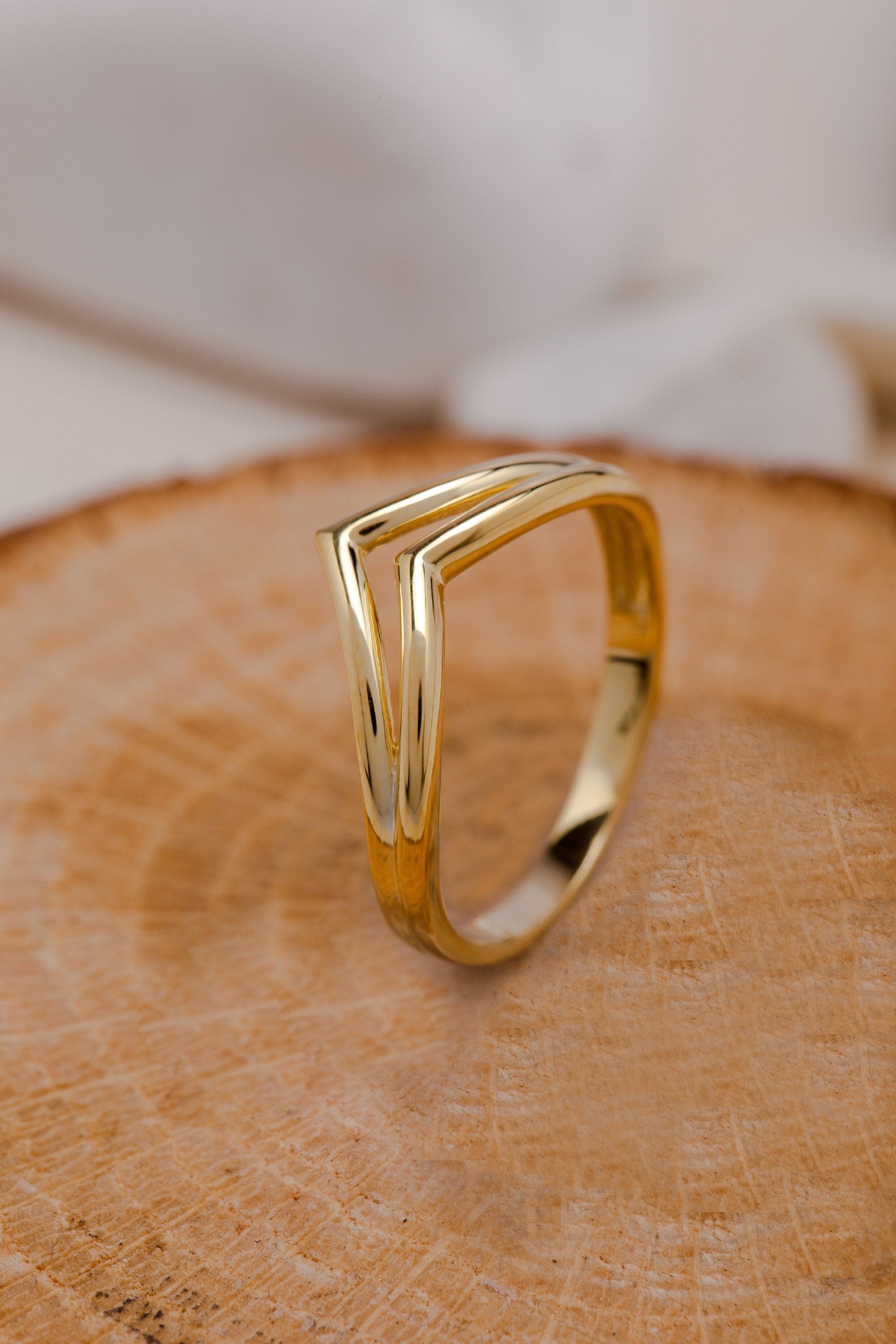 Double 925 Solid Gold Plain Stacking Ring - V Ring - Curve Ring - Chevron Ring - Plain Stackable Ring - Gold Matching Ring - Mother Day Gift