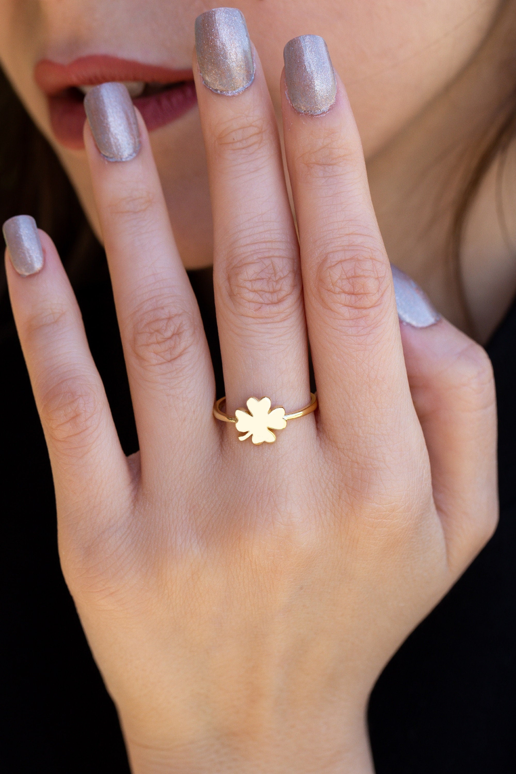 14K Solid Gold Clover Ring - Dainty Four Leaf Clover Ring - Gift for her - Clover Ring - Gift For Mother Day - Mother Day Jewelry