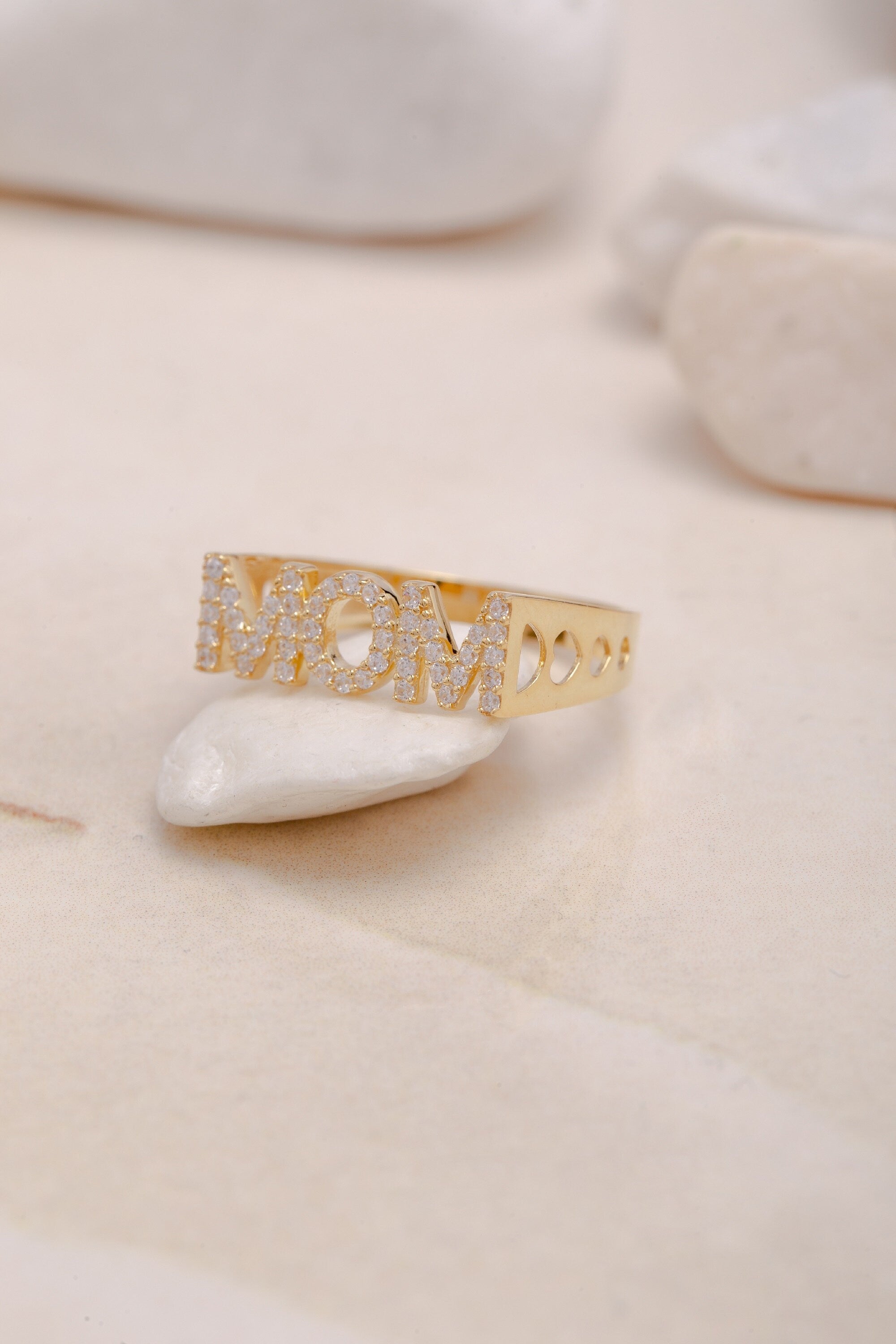 14K Gold Diamond Mama Ring, Mom Ring, Handmade Diamond Mother Ring, Solid Gold Diamond Mama Ring, Gift for Mother, Jewelry Gift Idea