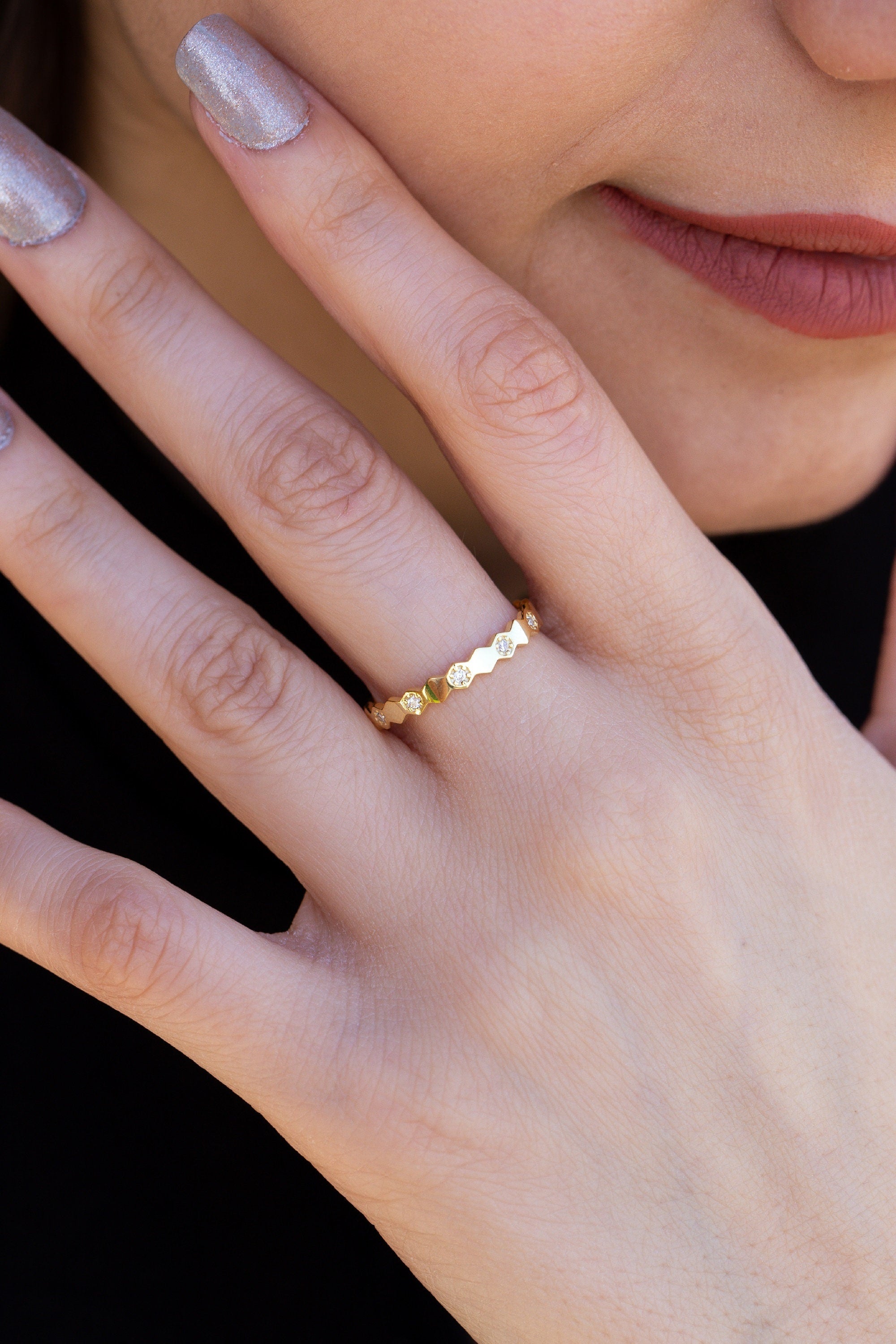 14K Geometric Gold Ring, Wedding Ring Simple Minimalist, 925 Silver Diamond Ring, Rings for Women, Silver Stone Quadrilateral Ring