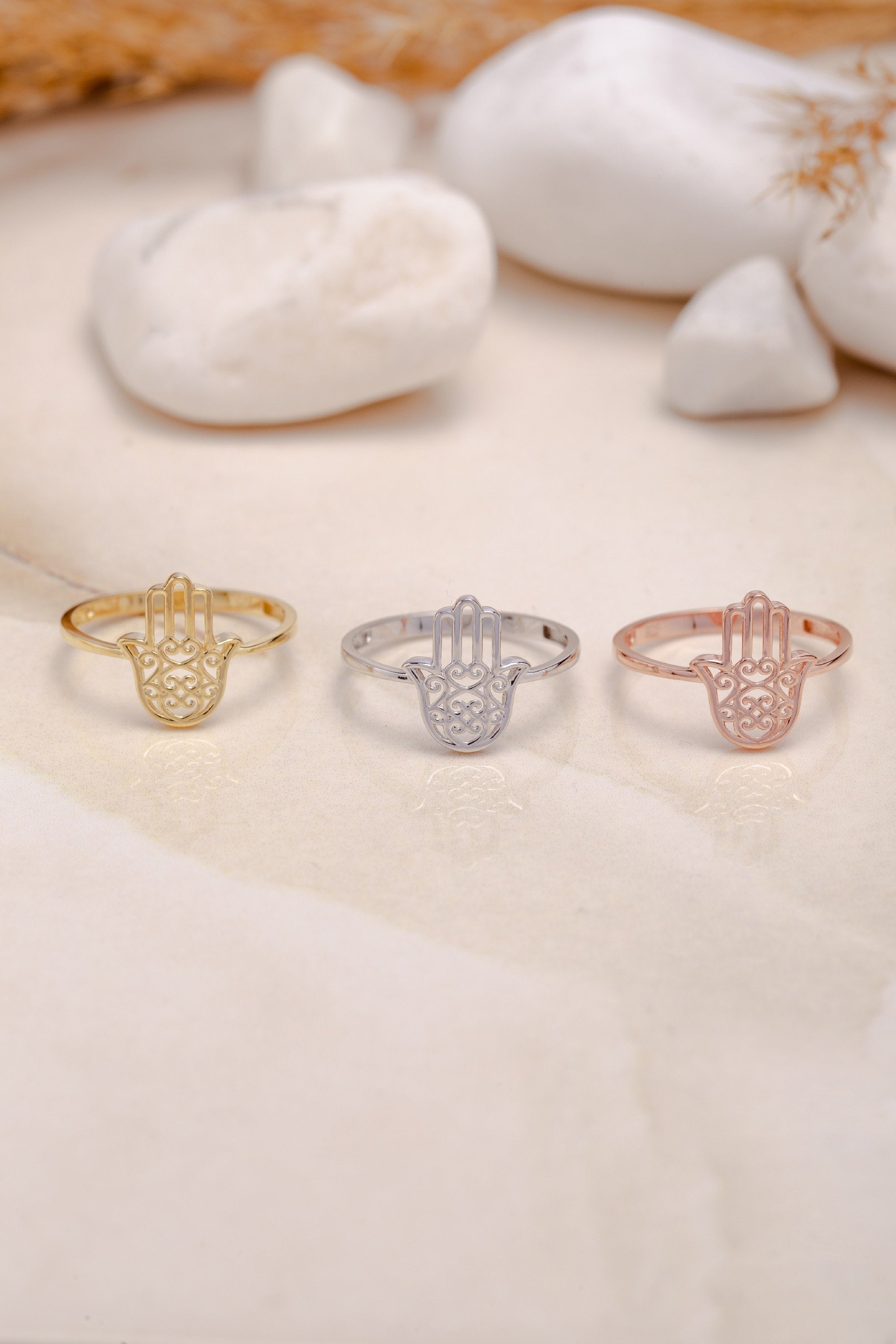 14K Solid Gold Hamsa Hand Ring, 925 Silver Hand of Fatima Ring, Statement Rings, Handmade Ring, Dainty Gold Ring, Gift For Mother Day
