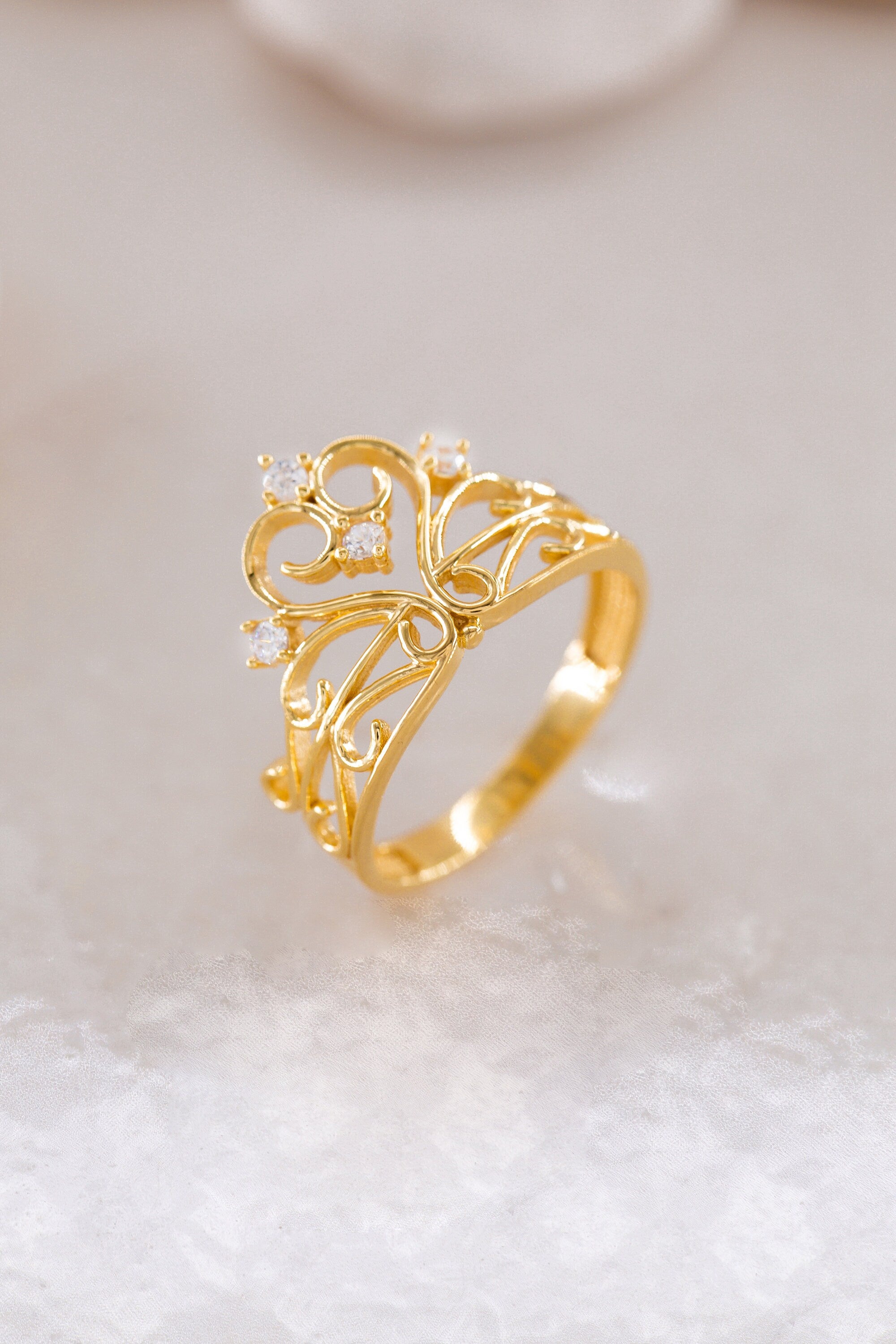 14K Gold Princess Crown Ring, 925 Silver Tiara Jewelry, Royal Engagement Band, Elegant Bridal Gift, Promise Ring, Fairytale Wedding Ring