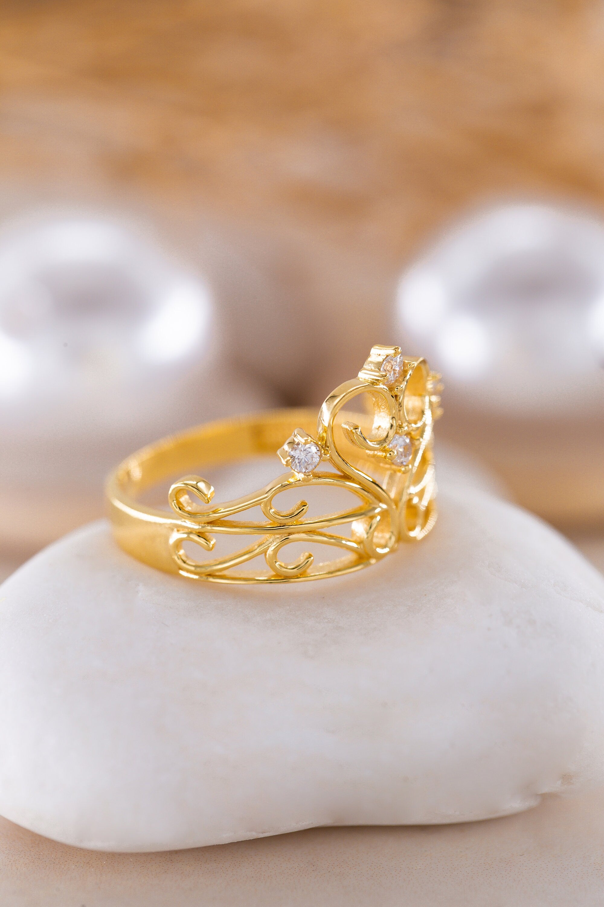 14K Golden Princess Crown Ring 925 Sterling Silver Handmade Crystal Crown Ring, Crystal Crown Ring, Royal Queen Unique Ring, Rings for Women
