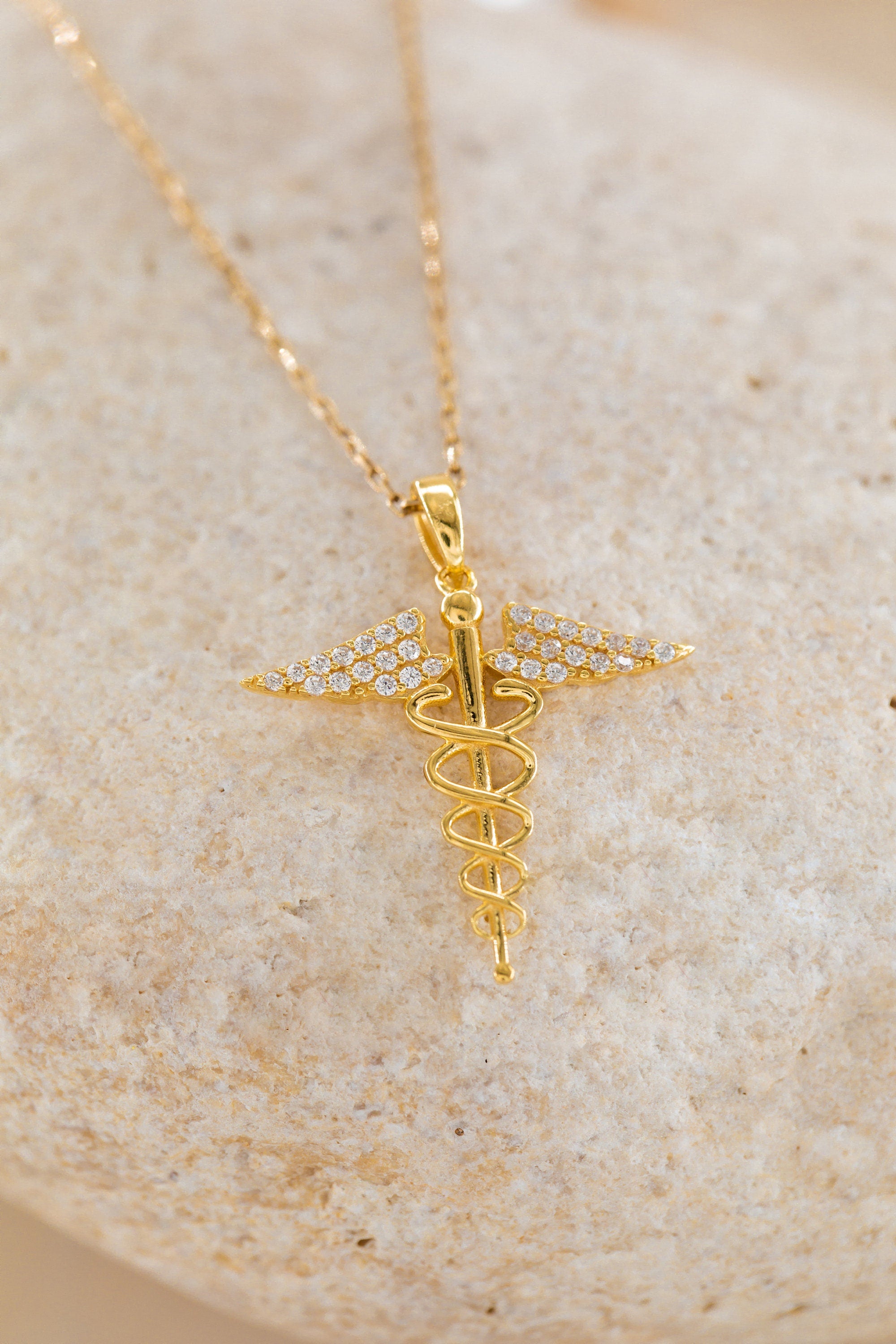 14k Necklace Caduceus Symbol Necklace Hermes Necklace Gold Pendant Gift for Her Sterling Silver Pendant for Doctor's Gift
