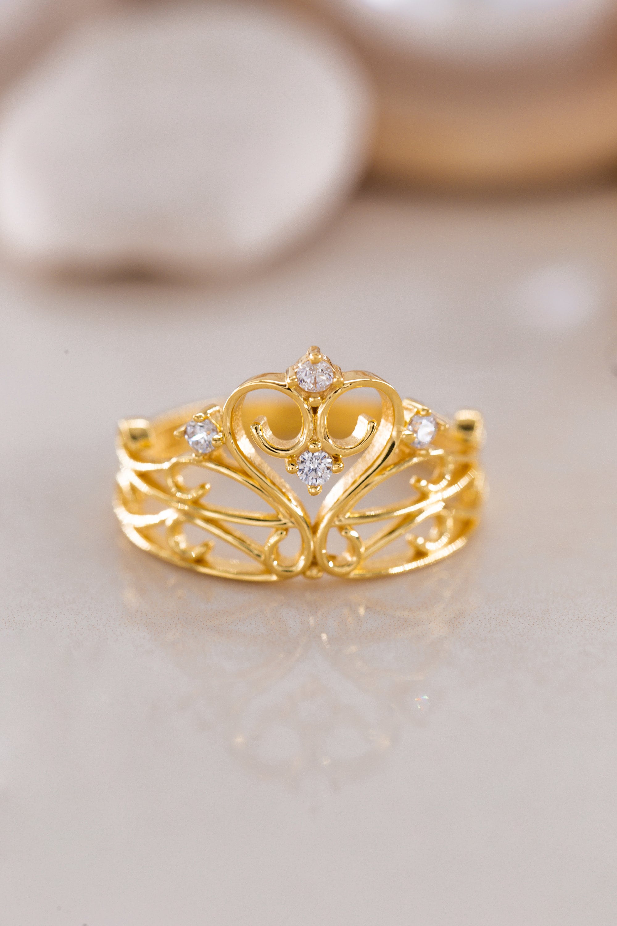 14K Golden Princess Crown Ring 925 Sterling Silver Handmade Crystal Crown Ring, Crystal Crown Ring, Royal Queen Unique Ring, Rings for Women