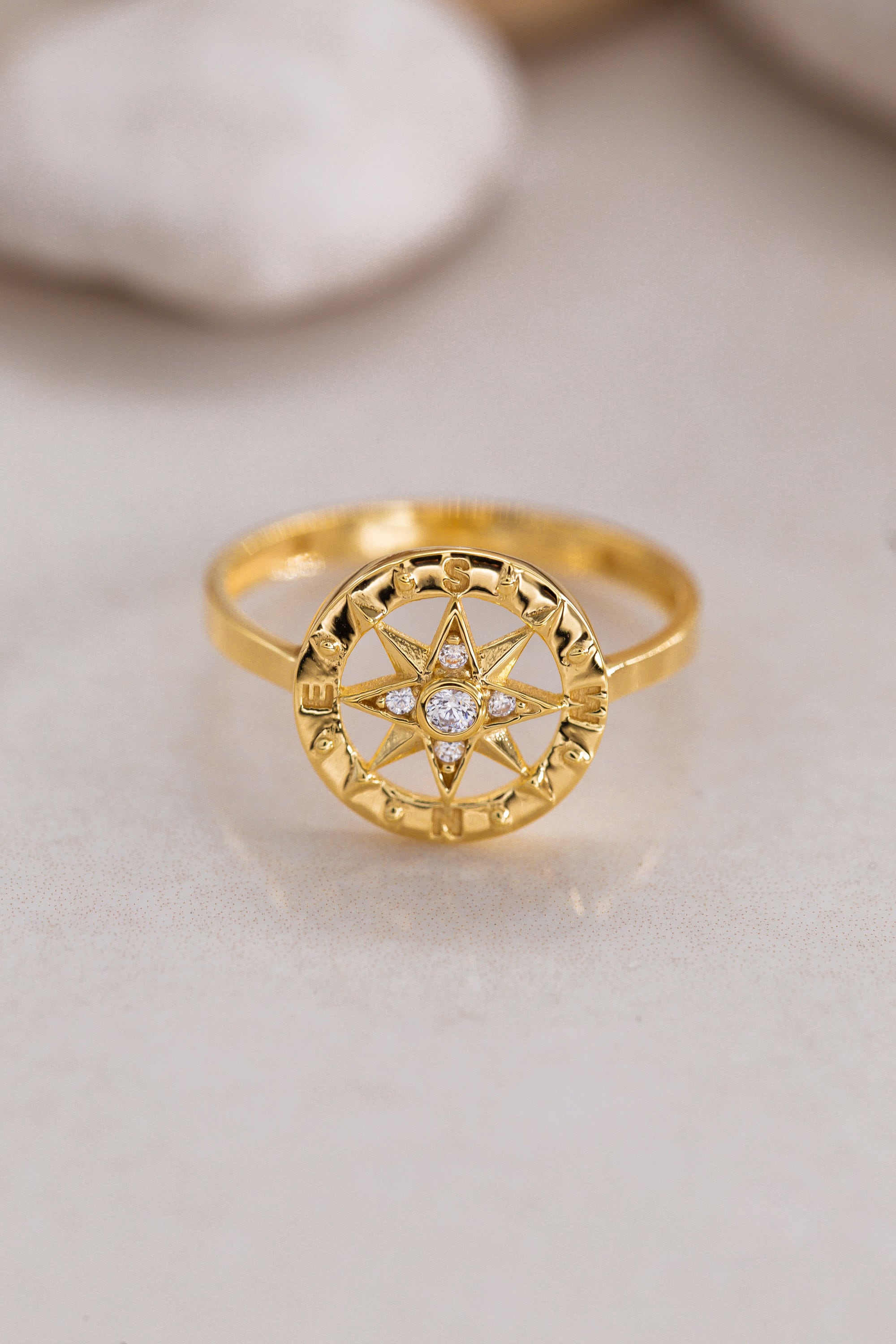 14K Golden North Star Ring - 925 Sterling Silver Celestial Jewelry, Starburst Ring Minimalist Design, Handcrafted Diamond Star Gold Ring