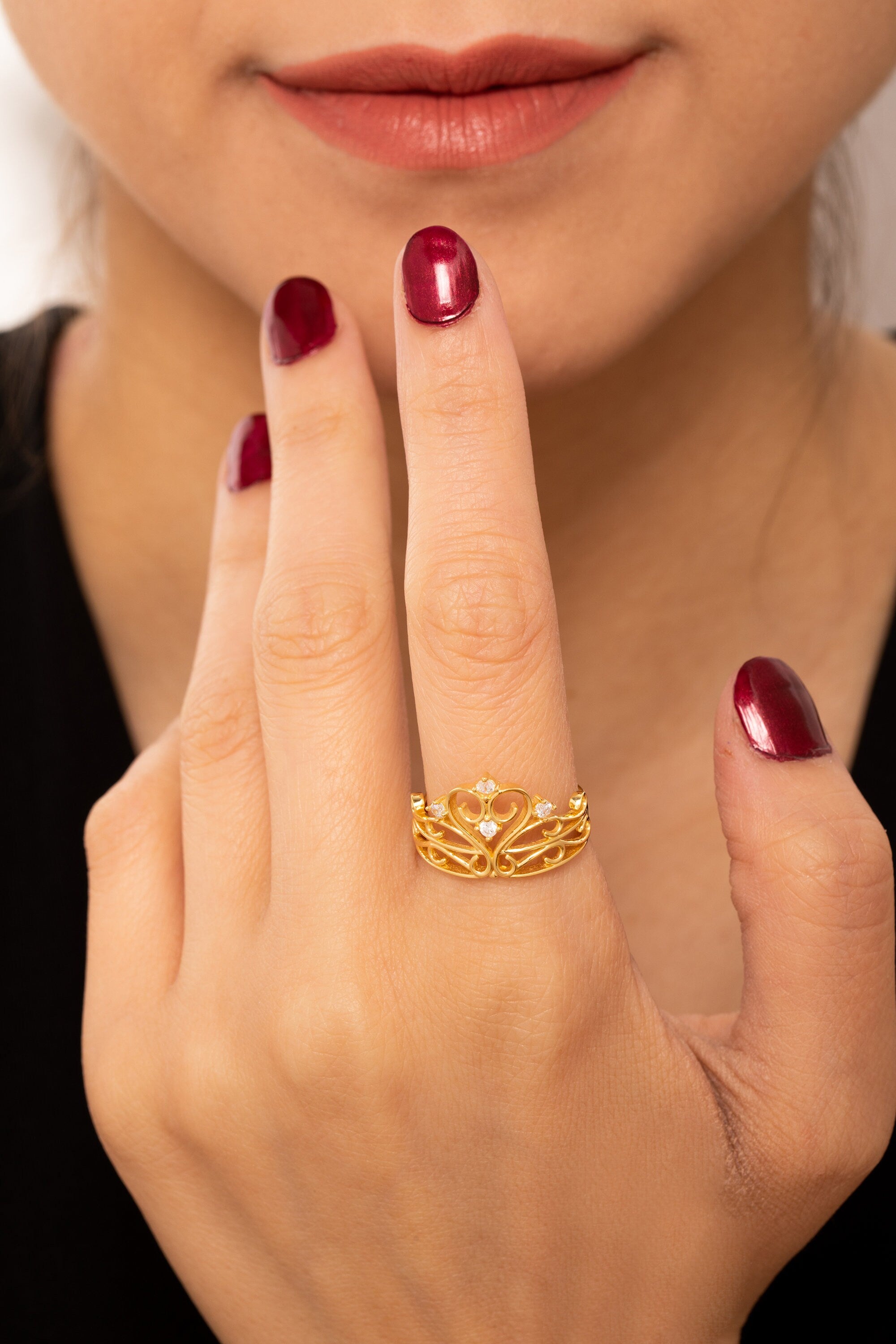 14K Gold Princess Crown Ring, 925 Silver Tiara Jewelry, Royal Engagement Band, Elegant Bridal Gift, Promise Ring, Fairytale Wedding Ring