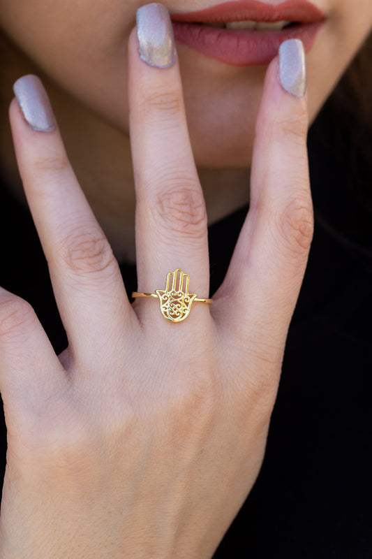 10K Yellow Gold Hamsa Ring, 10K White Gold Hand of Fatima Ring, Stacking Ring, Statement Rings, Mother Day Jewelry, Gift For Mother Day