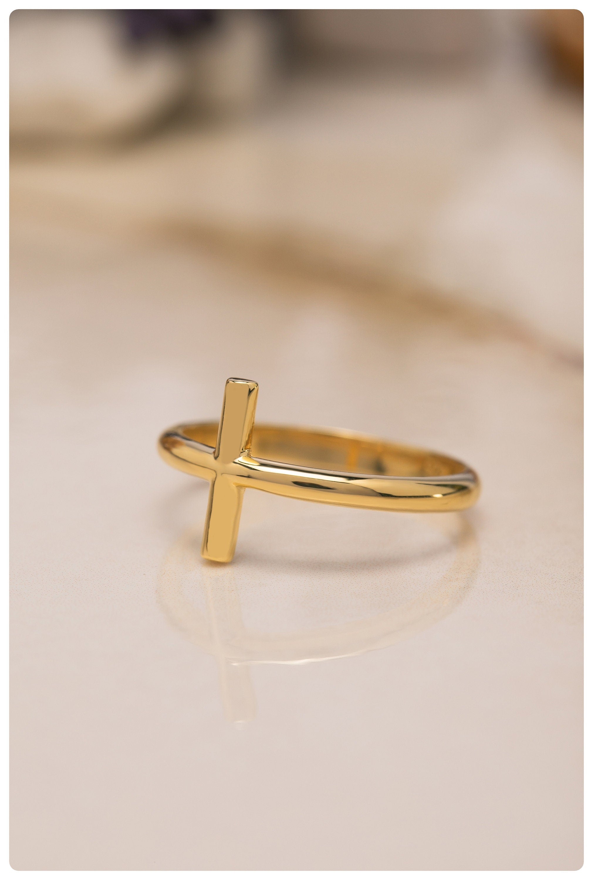 14K Solid Gold Signet Cross Ring - Minimalist Religious Ring - 925 Sterling Silver Cross Ring - Gift For Mother Day - Mother Day Jewelry