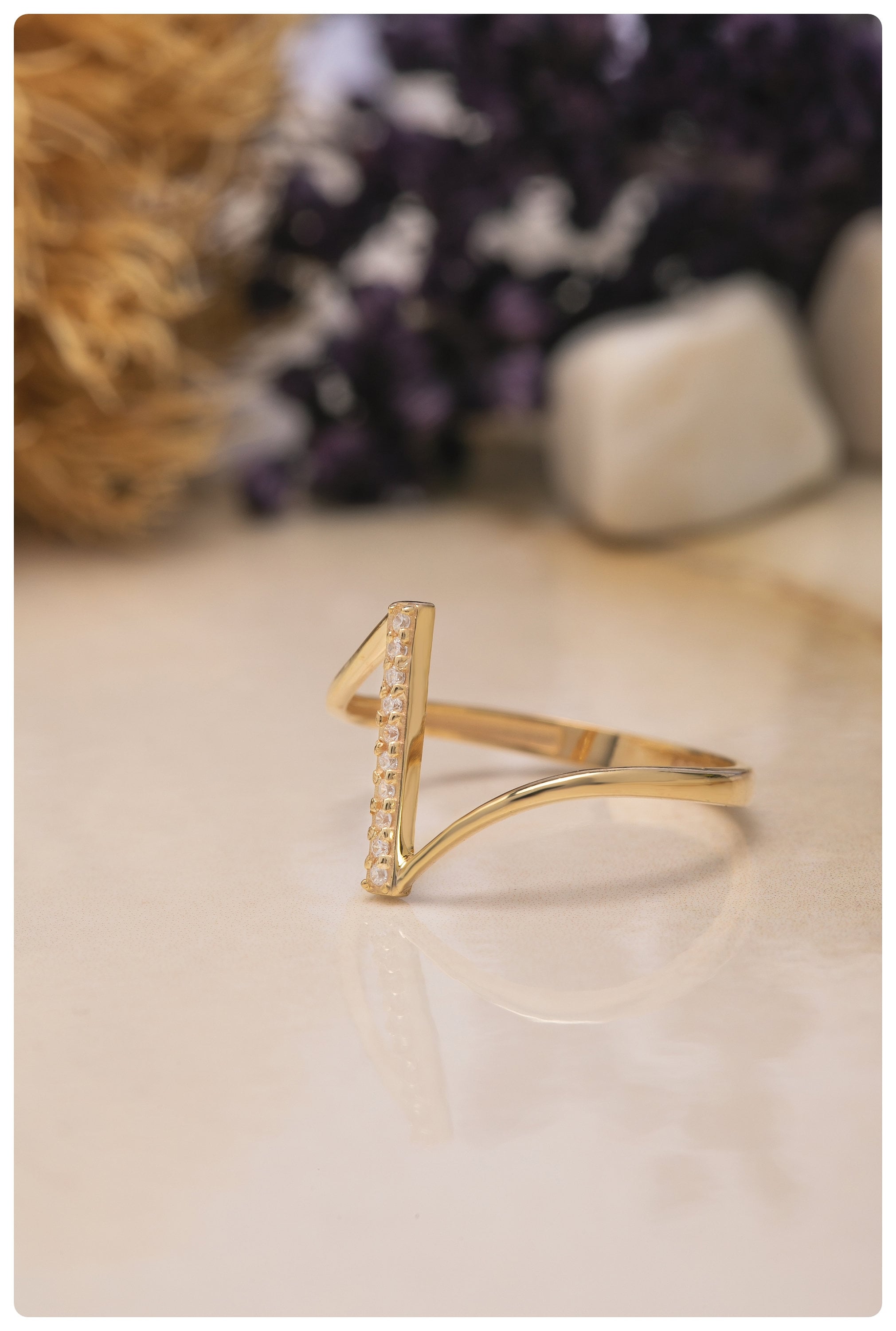 14K Diamond Vertical Bar Ring, Gold Zircon Ring 925 Sterling Silver, Dainty Zircon Engagement Ring, Zig-Zag Ring With Diamond Ring