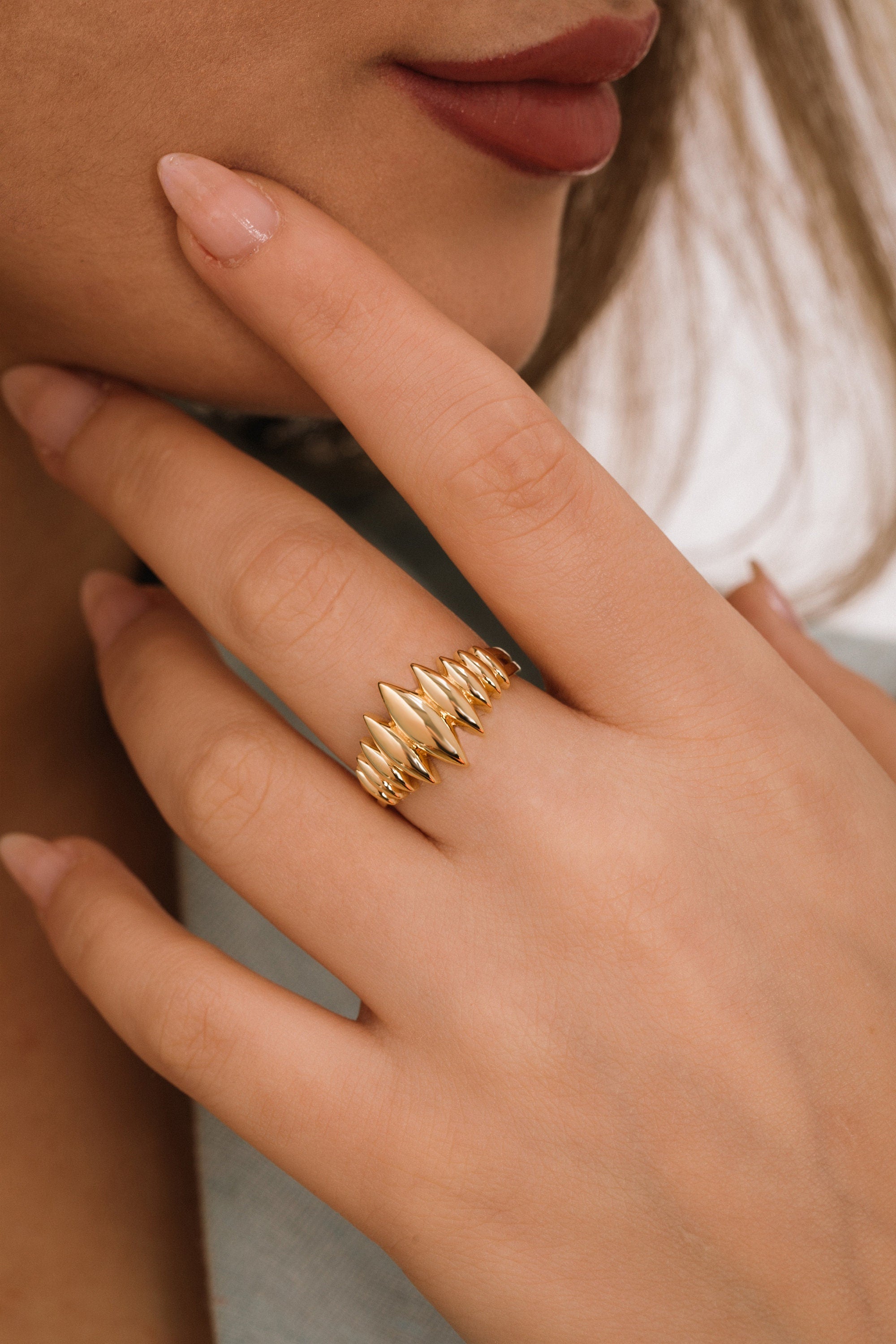 14K Gold Croissant Ring - Solid Gold Twist Signet Ring - Chunky Ring - Dome Ring - Gift For Mother Day - Mother Day Jewelry- Gift For Her