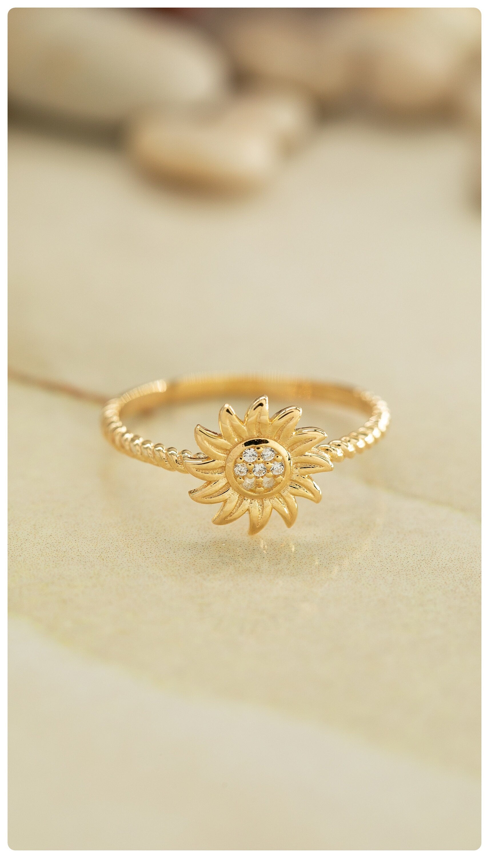 14K Elegant Sunflower Ring, 925 Sterling Silver Floral Motif Jewelry, Sunflower Gift, Wildflower Ring, Ring for Women, Friendship Jewelry