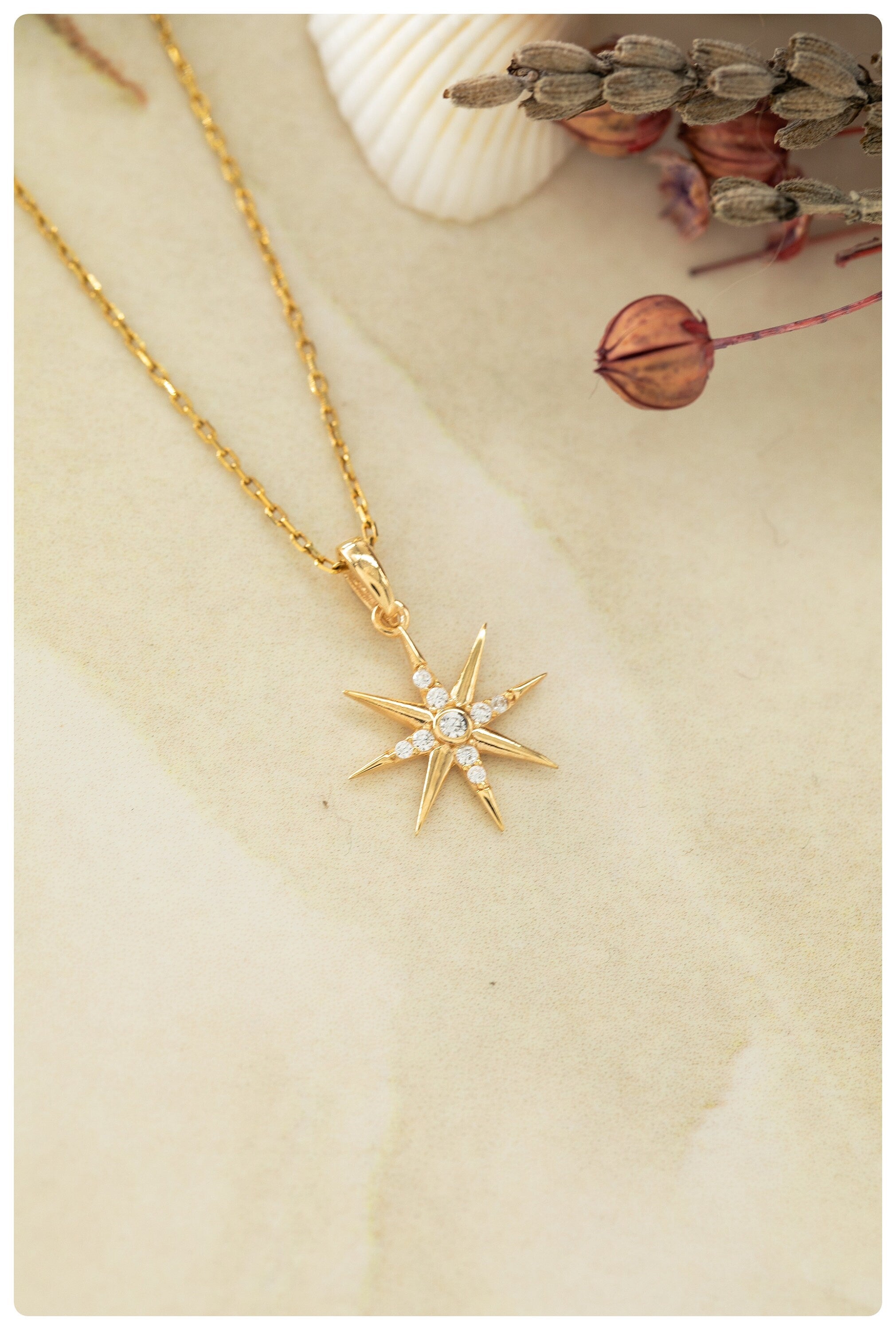 14k North Star Necklace Solid Gold Necklace Sterling Silver Mystical Celestial Pendant Mystical Star Jewelry Unique Anniversary Gift for Her