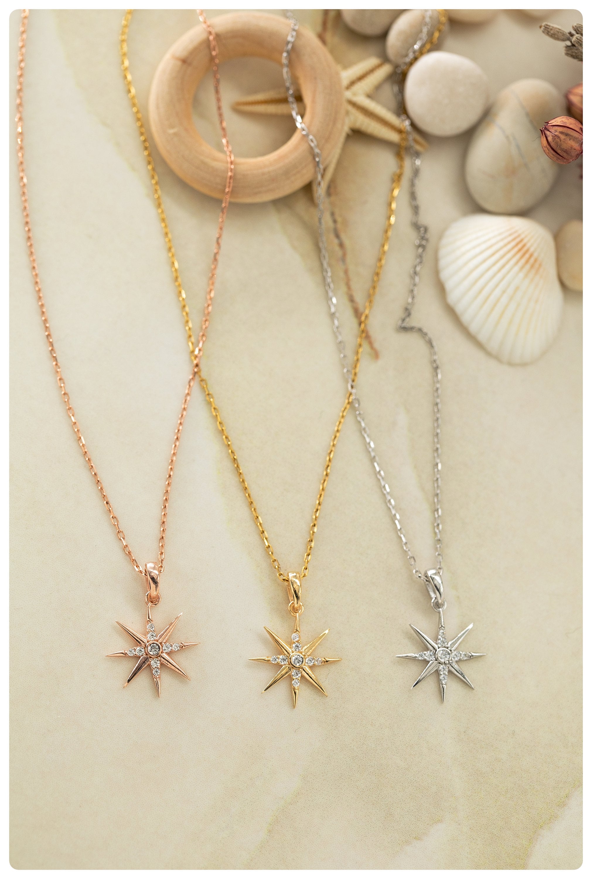 14k Gold North Star Necklace, With Diamond Star Necklace, Starburst North Star Pendant, Celestial North Star, 925 Silver Star Necklace
