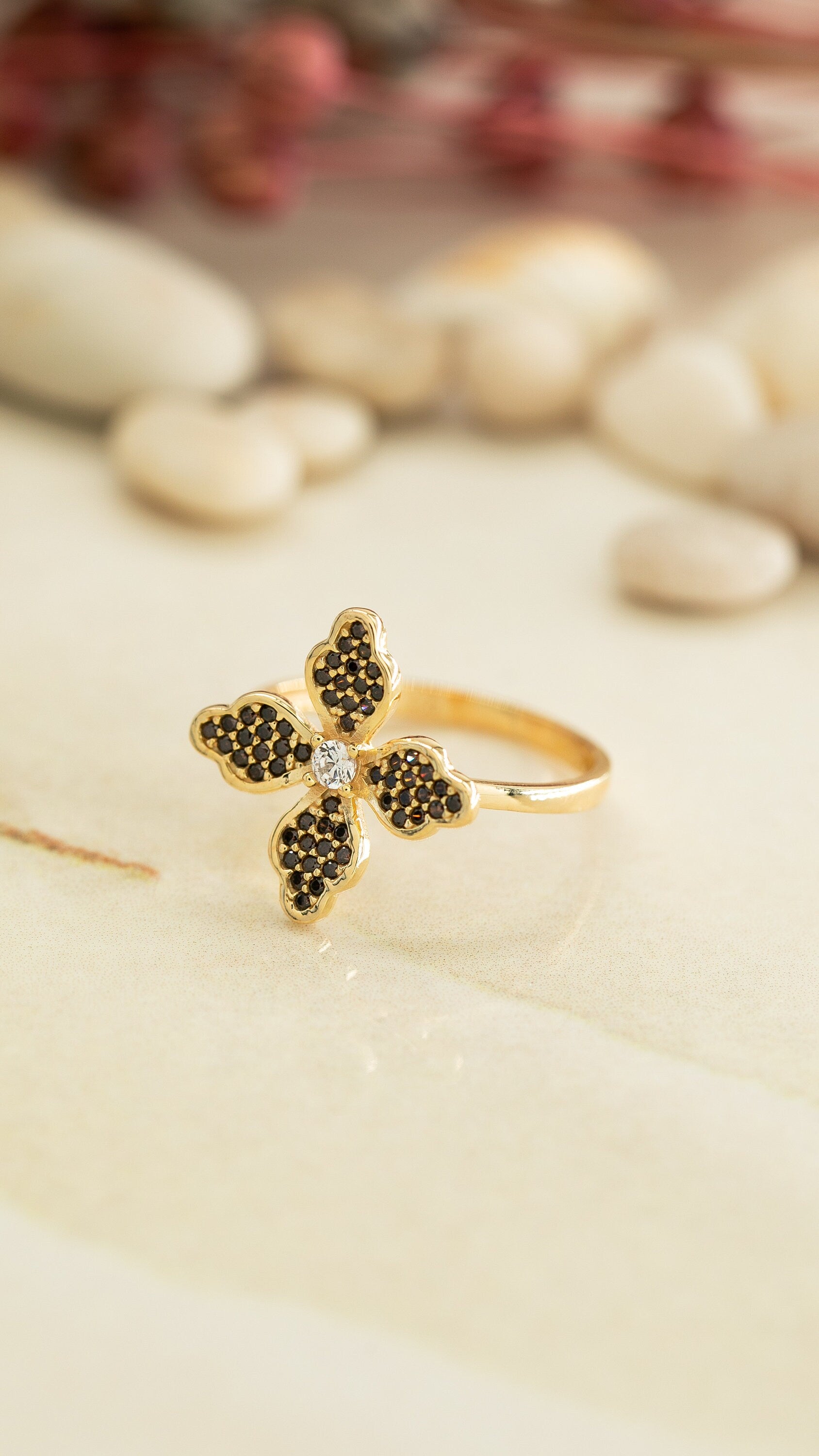 14K Gold Black Diamonds Flower Ring 925 Sterling Silver Rings Clover Stone Ring For Women Love Ring, Nature Inspired Ring, Leaf Clover Ring