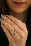 14K Gold Black Diamonds Flower Ring 925 Sterling Silver Rings Clover Stone Ring For Women Love Ring, Nature Inspired Ring, Leaf Clover Ring