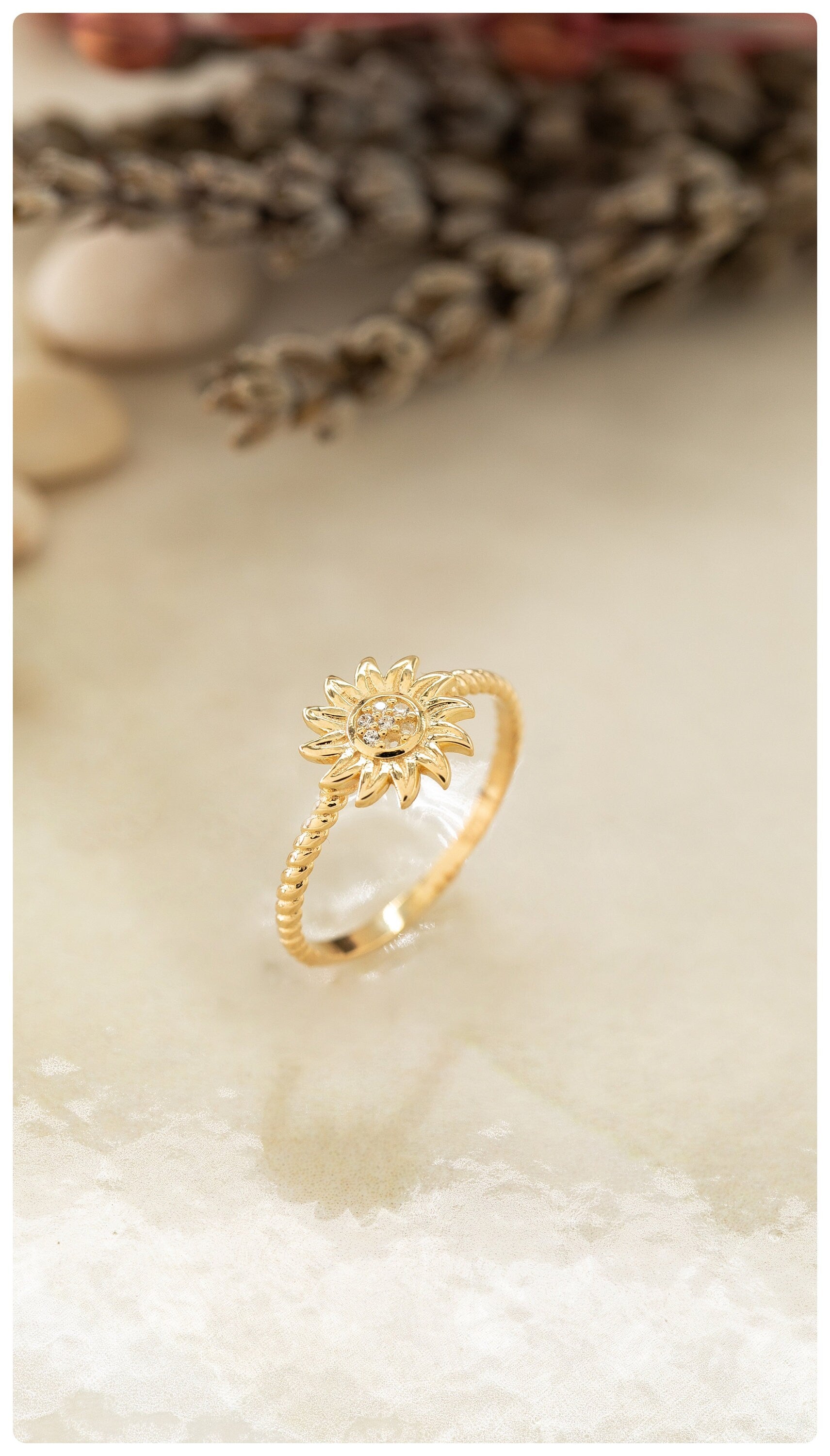 14K Elegant Gold Sunflower Ring 925 Sterling Silver Handmade Floral Jewelry Handcrafted Botanical Jewelry Meaningful Gift for Her