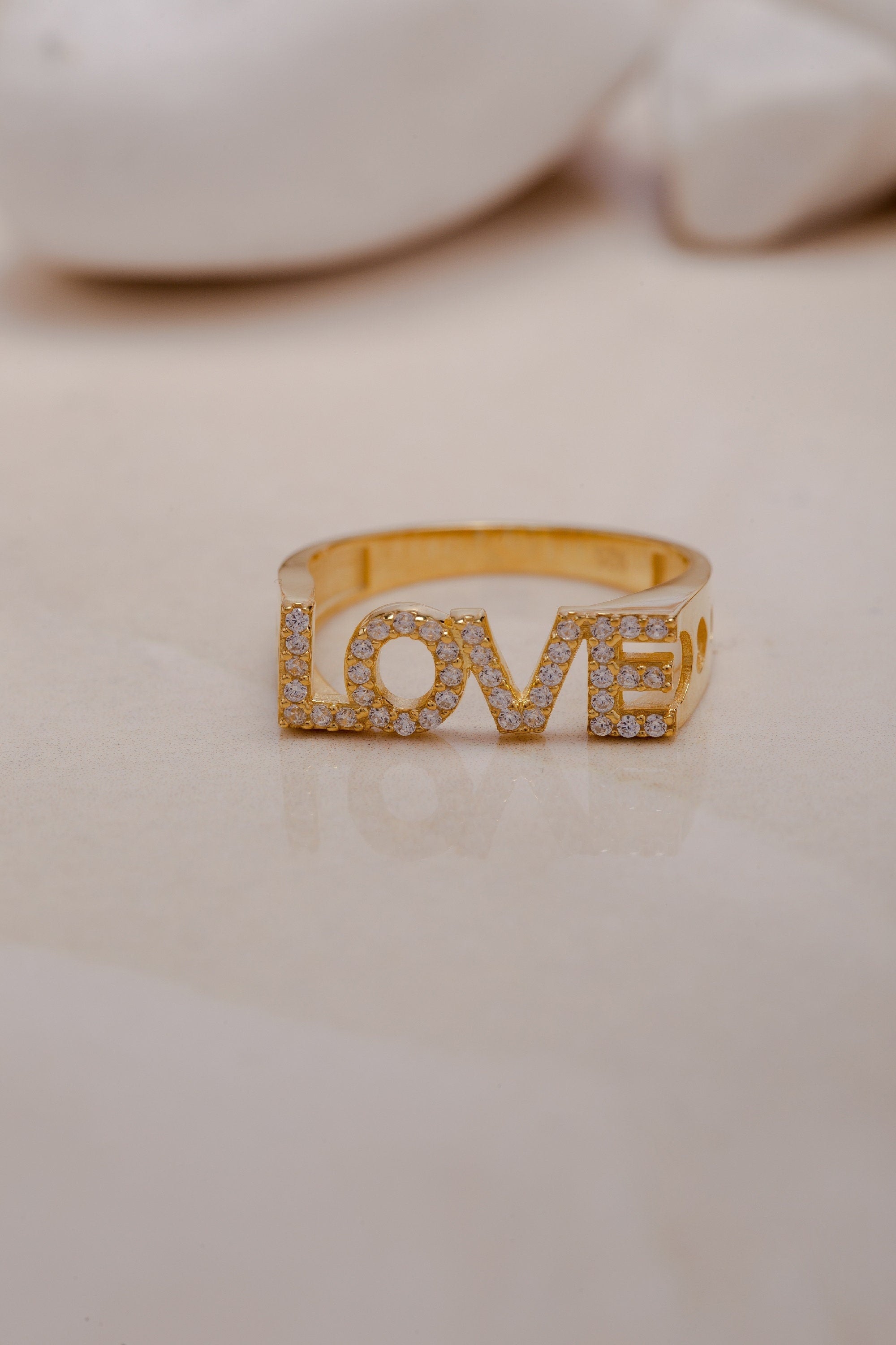 14K Solid Gold Love Ring, 925 Sterling Womens Silver Ring, Dainty Love Ring, Zircon Stone Love Ring, Script Love Ring, Gift for Women