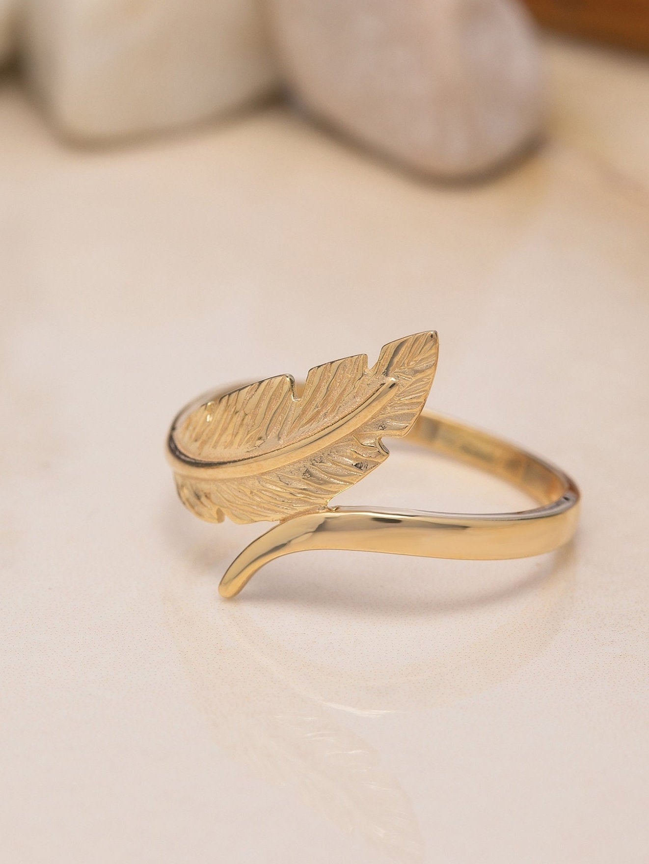 14K Gold Oak Leaf Ring, 925 Sterling Silver Minimalist Nature-Inspired Jewelry, Crystal Open Leaf Ring, Botanical Women's Dainty Leaf Ring